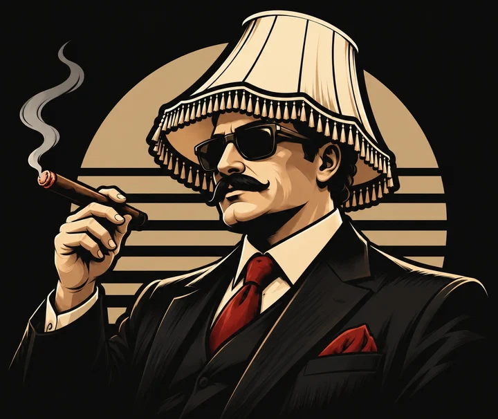 Don Lampito logo: a mafioso with a lampshade hat, sunglasses and a cigar