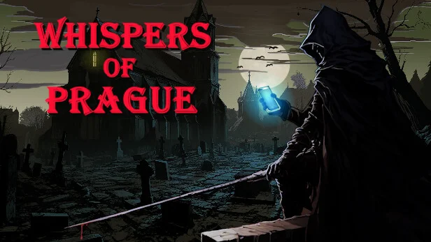 Whispers of Prague key art: a hooded figure in a moonlit Prague graveyard