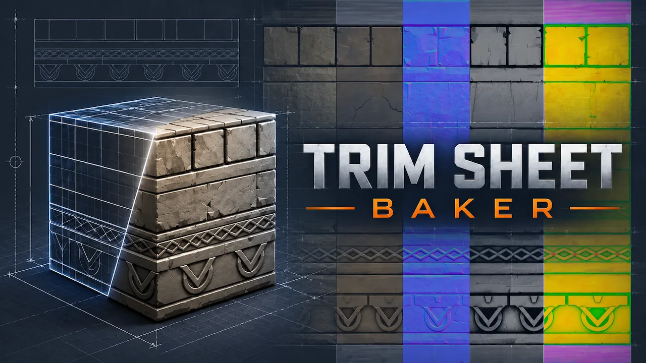Trim Sheet Baker artwork: a modelled stone trim sheet next to its baked texture maps